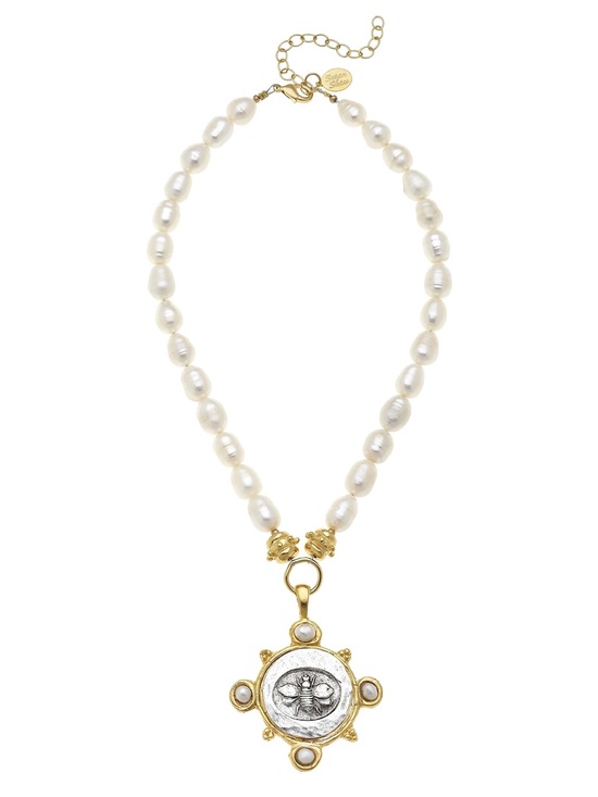 Susan Shaw Jewelry - Gold & White Pearl bee pendant